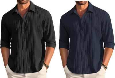 Men Self Design, Striped Formal Black Shirt(Pack of 2)