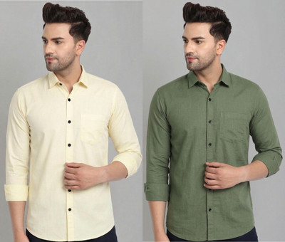 TIGERSNAKE Men Solid Casual Yellow, Green Shirt