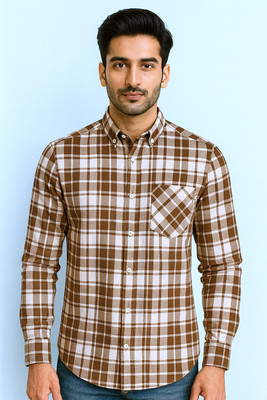 Try This Men Checkered Casual Brown, White Shirt