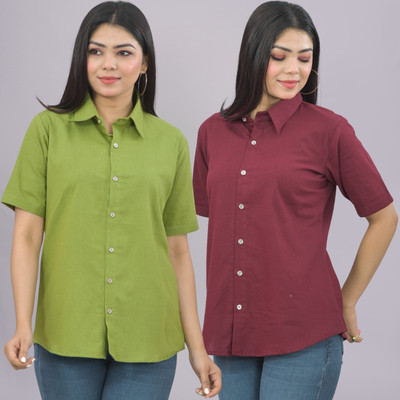 QuaClo Women Solid Casual Light Green, Maroon Shirt(Pack of 2)