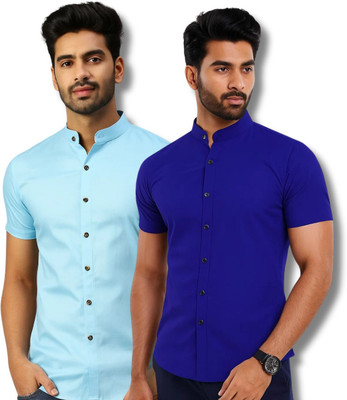 CROWNTAIL Men Solid Casual Light Blue, Dark Blue Shirt(Pack of 2)