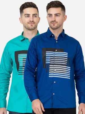 FREKMAN Men Printed Casual Green, Dark Blue Shirt(Pack of 2)