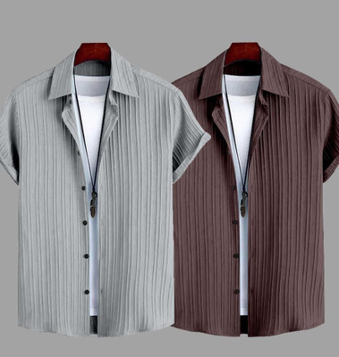 TIGERSNAKE Men Striped Casual Grey, Brown Shirt