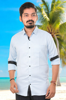 PUBHIZA Men Checkered Casual Light Blue Shirt