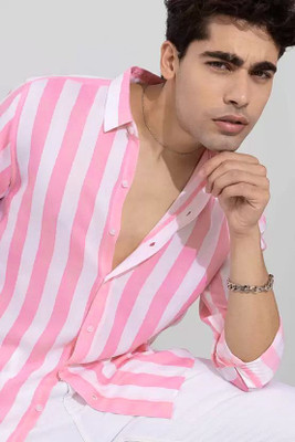 SEEWAYS Men Striped Casual Pink Shirt
