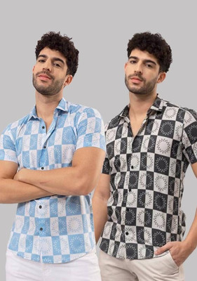TIGERSNAKE Men Printed Casual Light Blue, Black Shirt(Pack of 2)