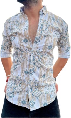 VS Collection Men Printed Casual Beige, Light Blue, White Shirt