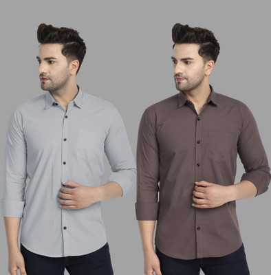 TIGERSNAKE Men Solid Casual Grey, Brown Shirt