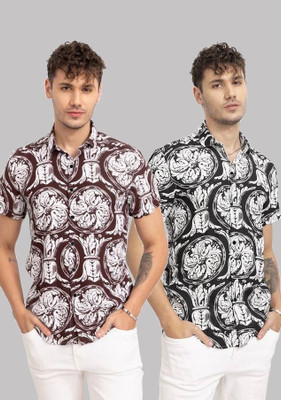 TIGERSNAKE Men Printed Casual White, Maroon, Black Shirt(Pack of 2)