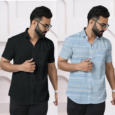 SAZMI Men Solid, Striped Formal Black, Blue Shirt(Pack of 2)