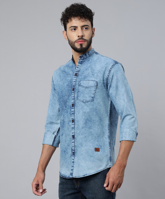 GreenFlair Men Washed Casual Blue Shirt