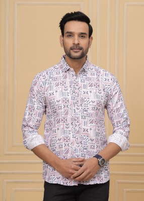 GLOREN Men Printed Casual Pink, White, Dark Blue Shirt