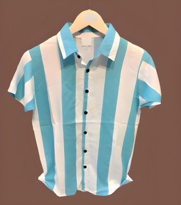 VS Collection Men Striped Casual Light Blue, White Shirt