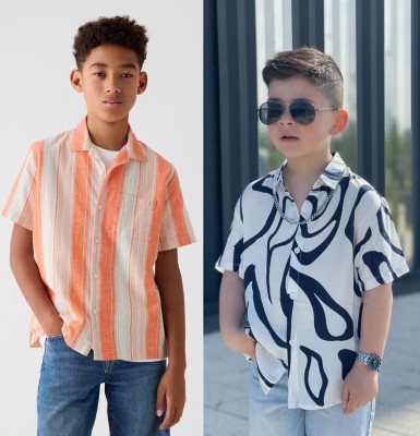 Janmangal Creation Boys Printed, Solid Casual Orange, White Shirt(Pack of 2)