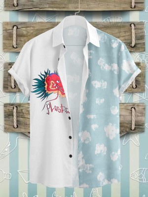 flying queen Men Printed Casual White, Light Blue Shirt
