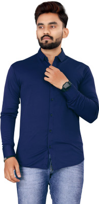 PEARL OCEAN Men Solid Casual Dark Blue Shirt