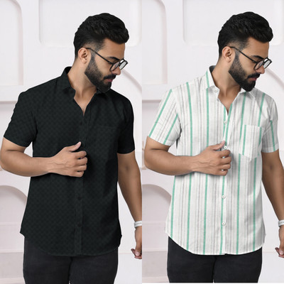 SAZMI Men Solid, Striped Formal Black, White Shirt(Pack of 2)