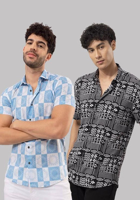 TIGERSNAKE Men Printed Casual Light Blue, Black, White Shirt(Pack of 2)