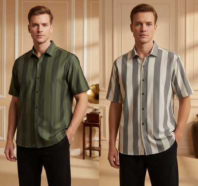 TIGERSNAKE Men Striped Casual Green, Cream Shirt