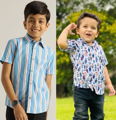 Janmangal Creation Boys Printed, Striped Casual Blue Shirt(Pack of 2)