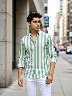 aadi Men Striped Casual Green Shirt