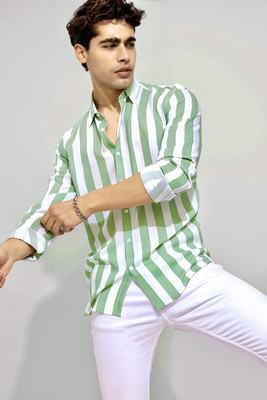Men Striped Casual Green Shirt