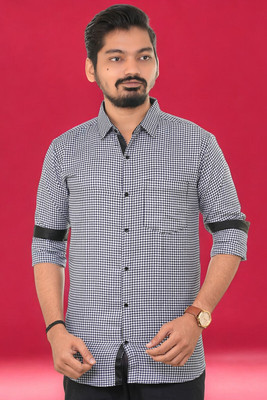 PUBHIZA Men Checkered Casual Dark Blue Shirt