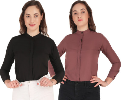 Hunoor Women Solid Casual Light Blue, Black Shirt(Pack of 2)