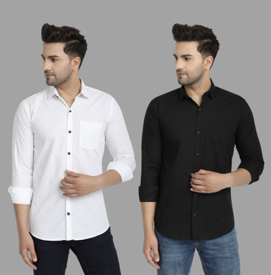 Men Solid Casual White, Black Shirt(Pack of 2)