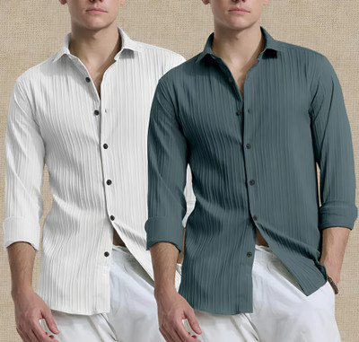 VRLOOKS Men Self Design Casual White, Dark Green Shirt