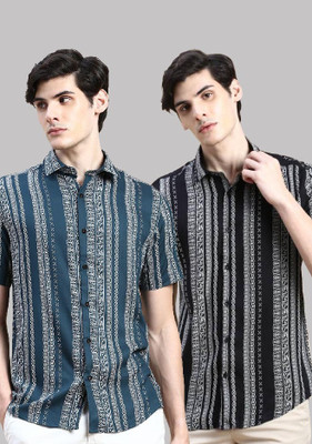 TIGERSNAKE Men Printed Casual Blue, Black Shirt(Pack of 2)
