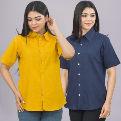 QuaClo Women Solid Casual Yellow, Dark Blue Shirt(Pack of 2)