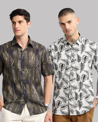 TIGERSNAKE Men Printed Casual Green, White Shirt(Pack of 2)