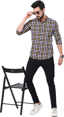 SURRT FASHION Men Checkered Casual Yellow, White, Dark Blue Shirt