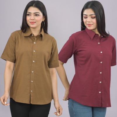 QuaClo Women Solid Casual Maroon, Brown Shirt(Pack of 2)