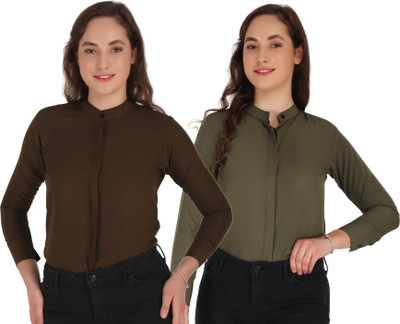 HEAVENS CREATIONS Women Solid Casual Dark Blue, Dark Green Shirt(Pack of 2)