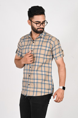 METRONAUT Men Checkered Casual Beige Shirt