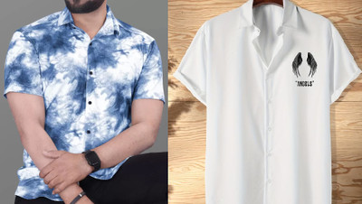 GrecoClothStore Men Printed Casual Blue, White Shirt(Pack of 2)