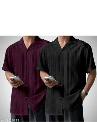 VRLOOKS Men Self Design Casual Maroon, Black Shirt