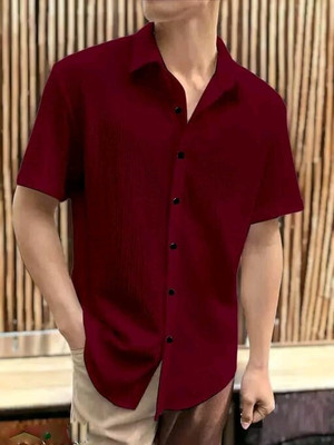 MUMIN Men Self Design Casual Maroon Shirt