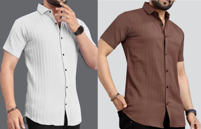 Men Self Design, Striped Casual White Shirt