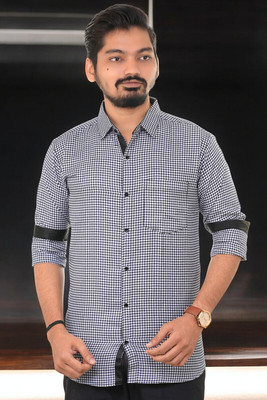 PUBHIZA Men Checkered Casual Dark Blue Shirt