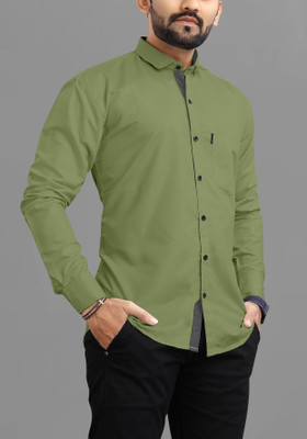 USONA Men Solid Casual Light Green Shirt