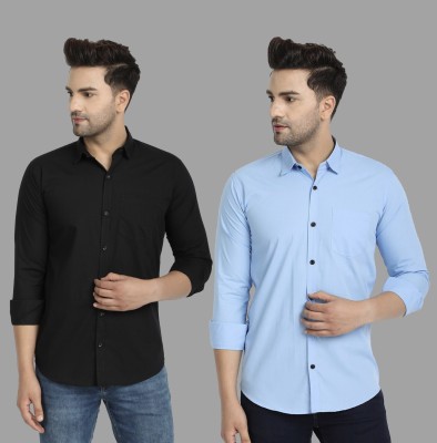 Men Solid Casual Black, Blue Shirt