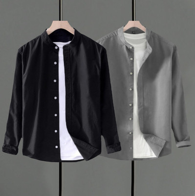 Men Solid Casual Black, Silver Shirt