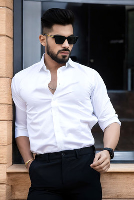 JessNX Men Striped Formal White Shirt