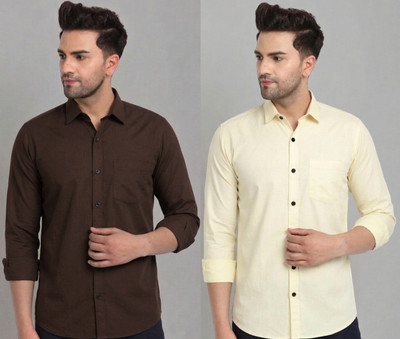TIGERSNAKE Men Solid Casual Brown, Yellow Shirt(Pack of 2)