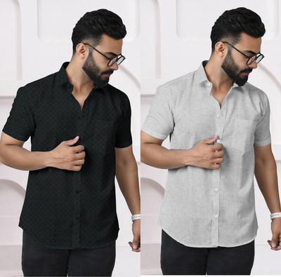 SAZMI Men Solid, Striped Formal Black, Grey Shirt(Pack of 2)