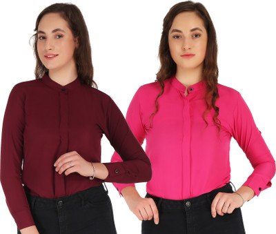 Hunoor Women Solid Casual Pink, Maroon Shirt(Pack of 2)