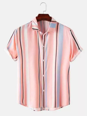 Qugue Men Striped Casual Pink Shirt